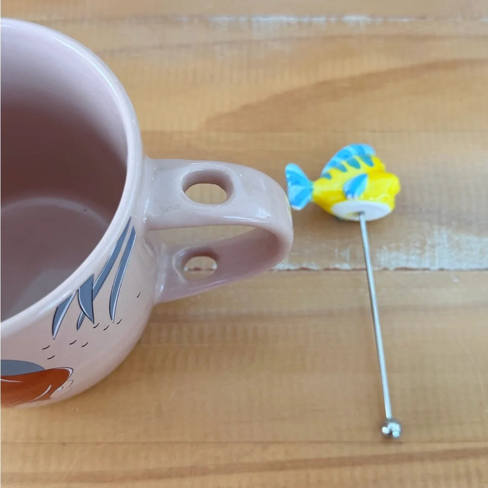 DISNEY Ariel & Flounder Ceramic Mug w/Stirrer Little Mermaid Princess Sebastian